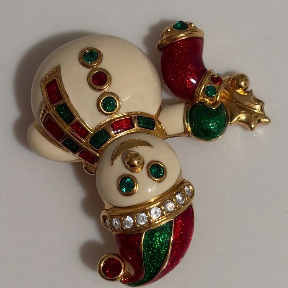 Swarovski Crystal SWAN STAMP Enamel Festive Snowman Brooch Pin RARE/RETIRED